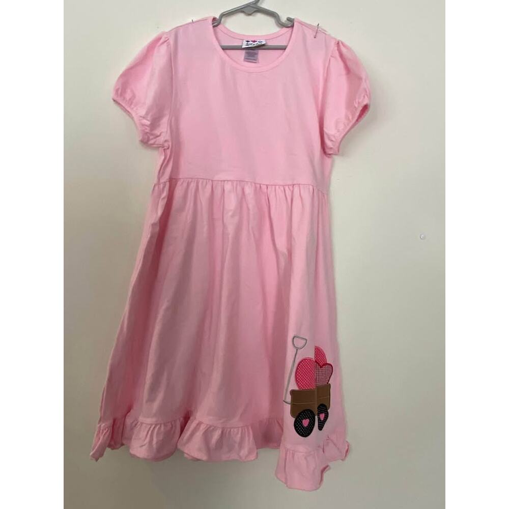 Girls Pink Valentine’s Day Dress – Heart Wagon Appliqué – Size 16